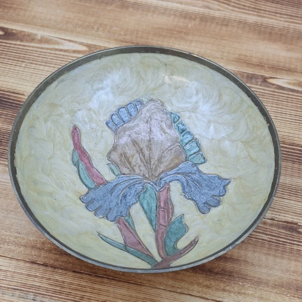 vintage brass decorative‎ wall plate featuring a hand-painted enamel iris Design